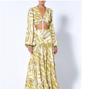 NWT House of Harlow 1960 Top Skirt printed Set Linen Rayon S Small white mustard